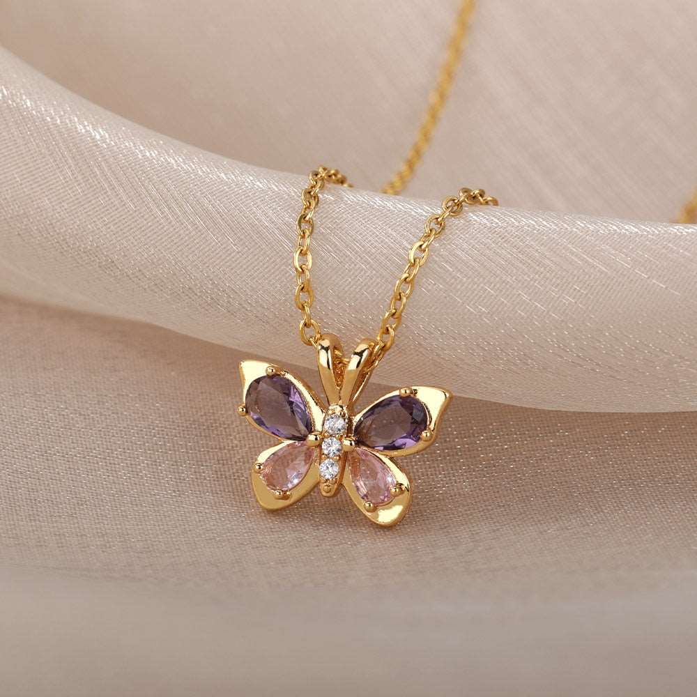 Cute Butterfly Purple Crystal Necklace