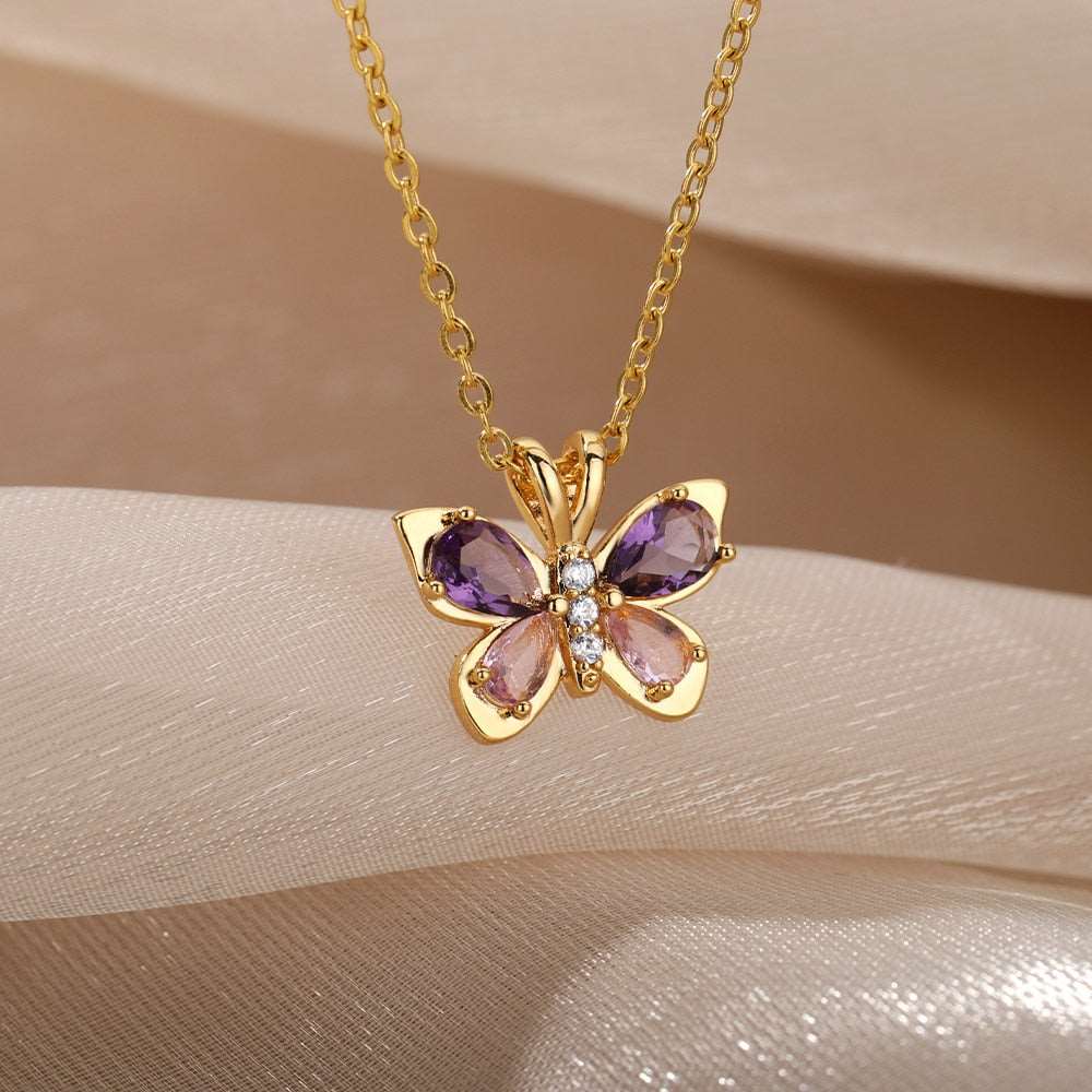 Cute Butterfly Purple Crystal Necklace