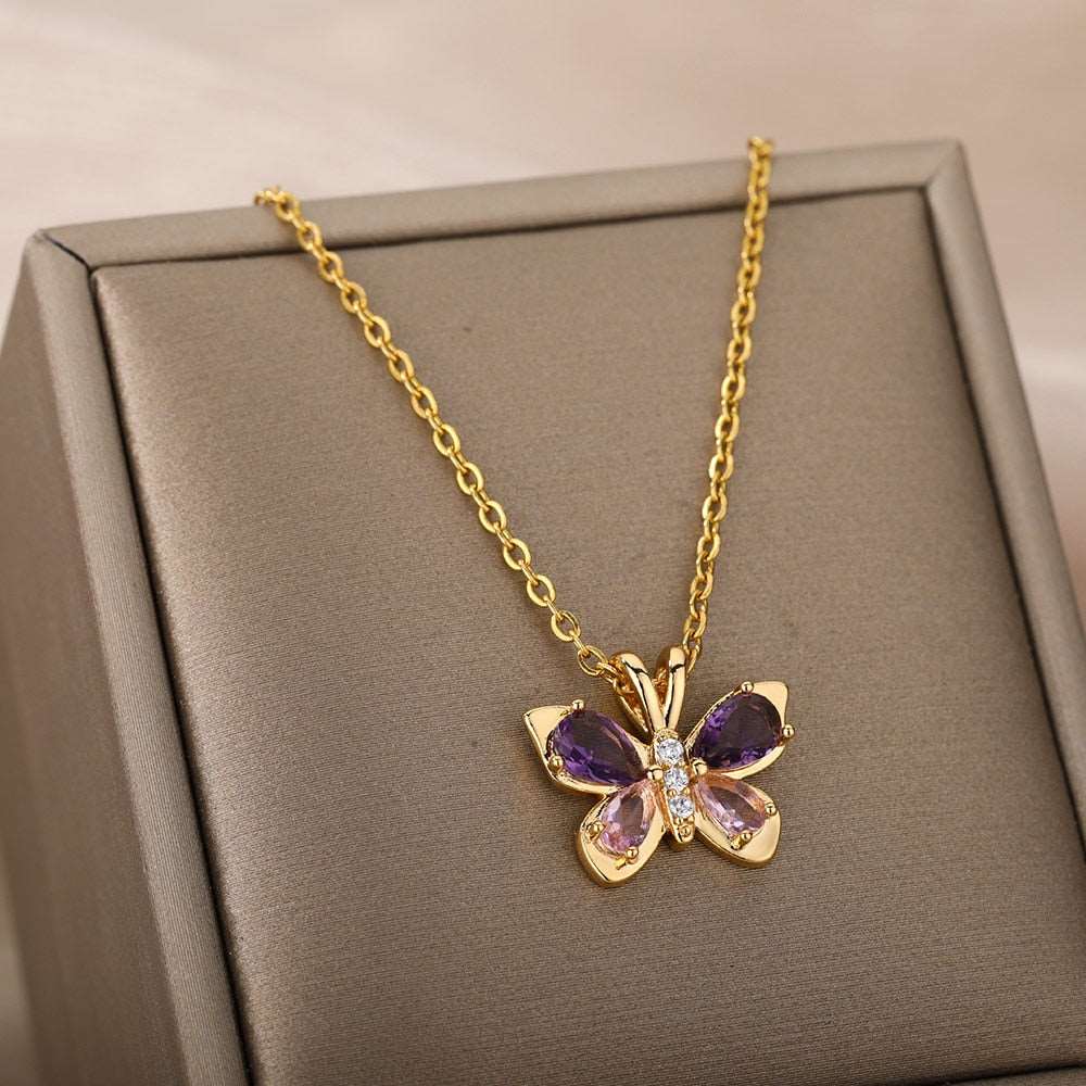 Cute Butterfly Purple Crystal Necklace