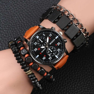 Mens Luxury Leather Watch Bracelet Set