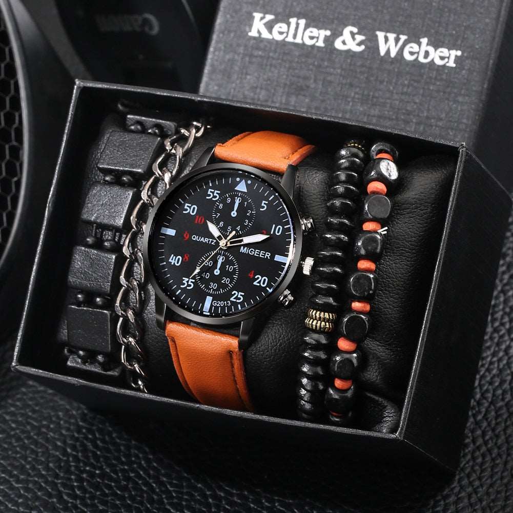 Mens Luxury Leather Watch Bracelet Set
