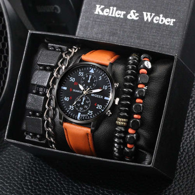 Mens Luxury Leather Watch Bracelet Set